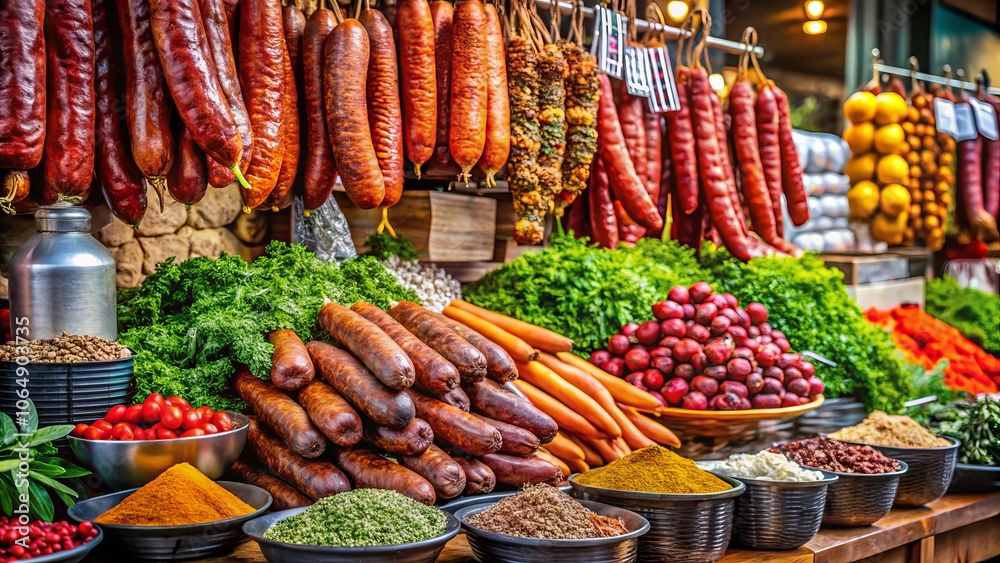 Obraz premium Freshly Smoked Sausages on Market Stall with Spices – A Colorful Display of Gourmet Delights for Culinary Enthusiasts and Food Lovers