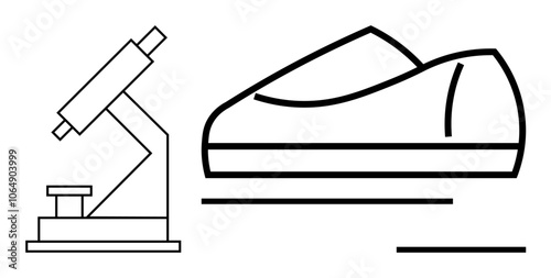 Microscope beside an athletic shoe in minimalist black line art. Ideal for science education, sports technology, research, healthcare, innovation, educational materials, and design aesthetics. Line