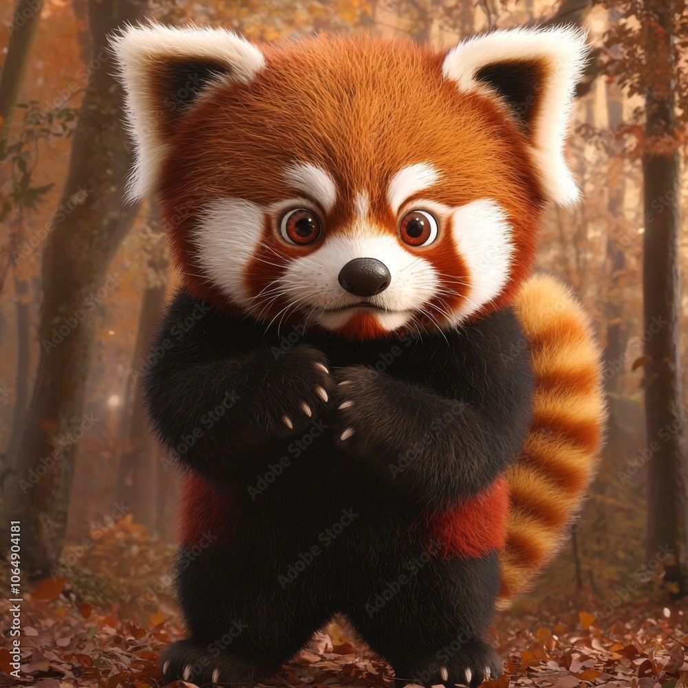 Fototapeta premium A cute red panda in a standing position, with its paws held close to its chest. The red panda’s large, round eyes are full of curiosity, and its bushy tail is curled at its feet