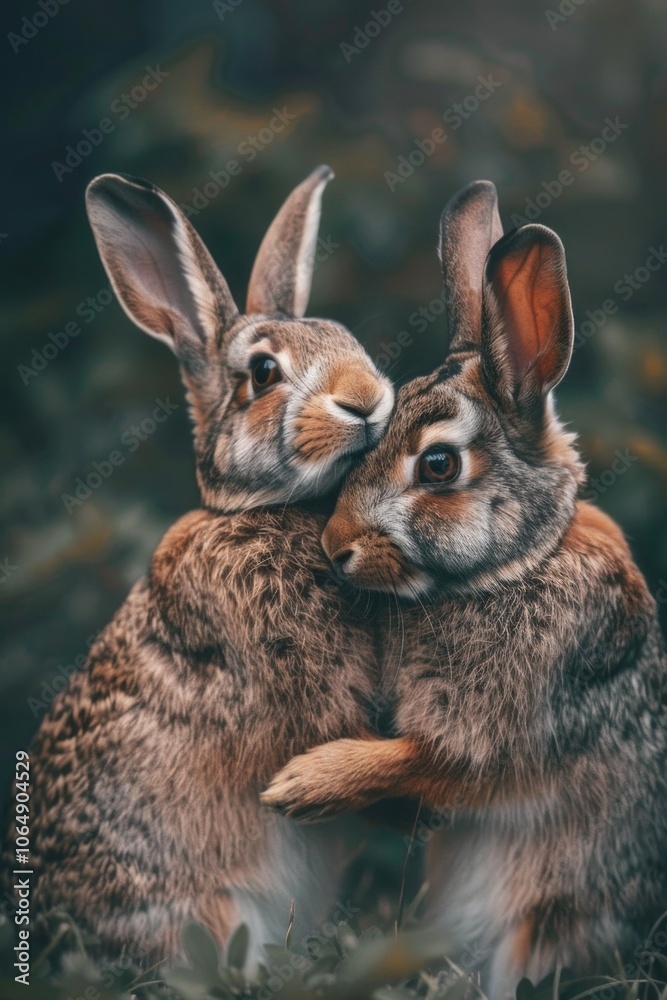 Fototapeta premium Two rabbits standing side by side, possibly mates or siblings