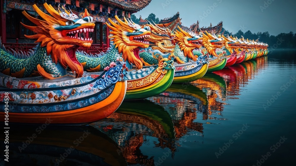 Fototapeta premium Row of traditional Chinese dragon boats with ornate colorful designs reflecting in calm water, featuring detailed dragon head sculptures and elaborate decorative patterns
