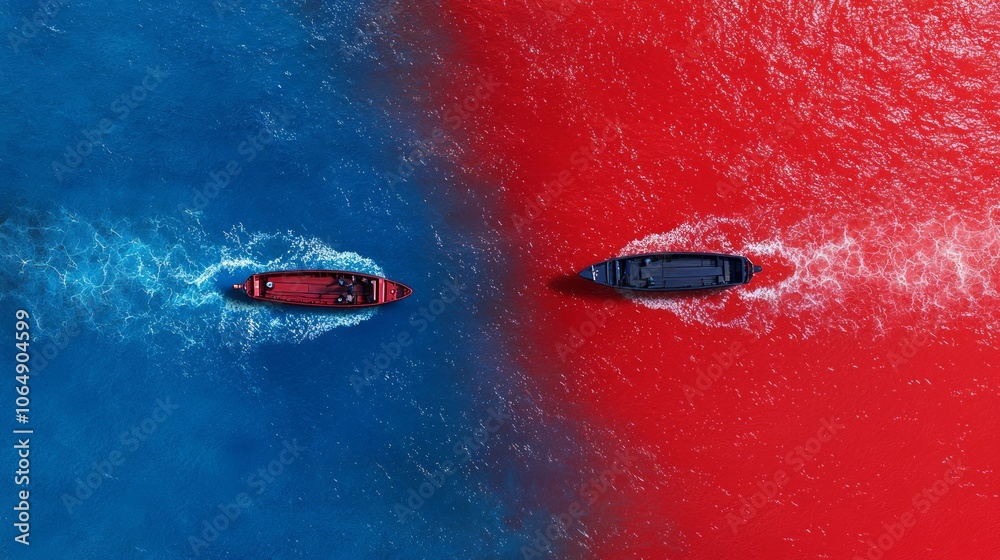 Fototapeta premium Divided River: Dynamic Conflict Between Opinions with Boats Navigating Blue and Red Waters, Ultra-Detailed Conceptual Image