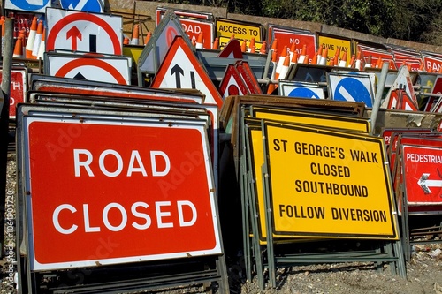 Road signs in storage ready for distribution.