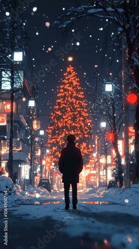 Snowy Night Scene, Tokyo Streets, Winter Lights