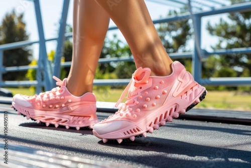 Woman relieves foot pain with pink spiky massage ball after exercise or injury recovery session photo