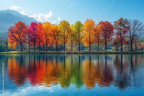 Wallpaper Mural This is a wallpaper with blue skies and clouds and autumn foliage reflected in a river. Generative AI
 Torontodigital.ca