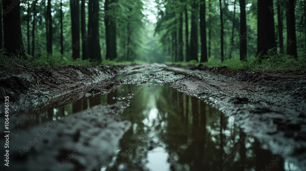 Obraz premium Muddy forest path with large puddles of water surrounded by tall green trees, creating a serene and natural woodland atmosphere.