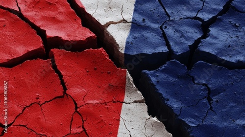 Divided Nation: Torn Political Flag Symbolizing National Discord on Cracked Earth Background photo