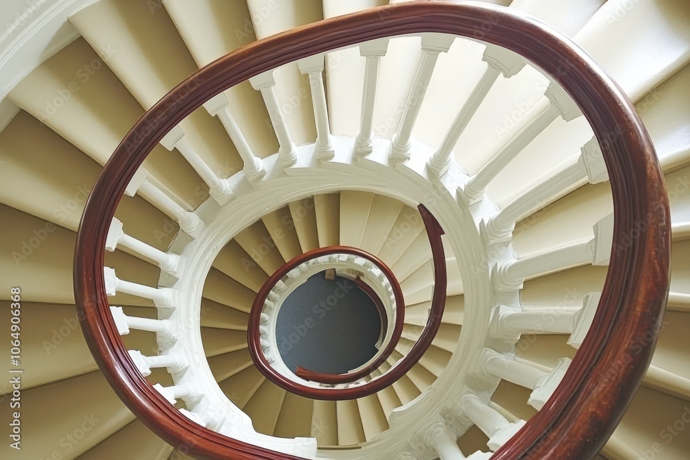 Fototapeta premium A spiral staircase with a wooden handrail, showcasing architectural design and elegance.