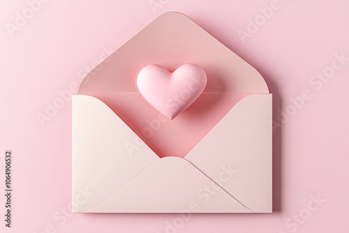 Top view of blank paper card in an open pink envelope. 3d love letter isolated on pink background, with generative ai