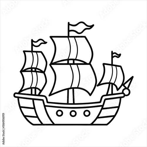 A pirate ship line art vector illustration on white background.