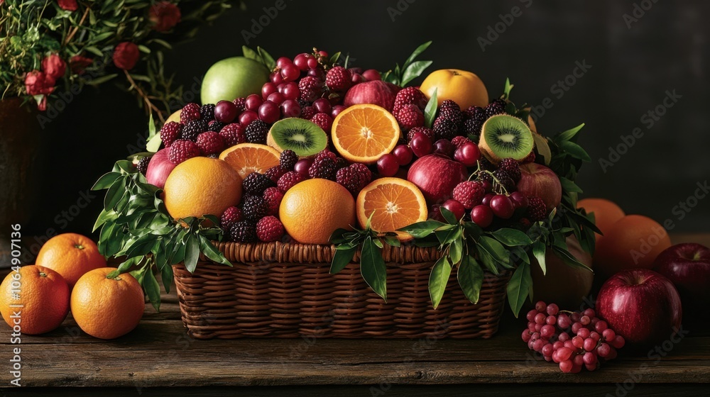 A vibrant basket filled with an assortment of colorful fruits, A vibrant basket filled with an assortment of colorful fruits,