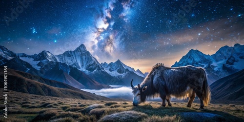 Majestic Domestic Yak Under Starry Skies on Mardihimal Route: A Night Photography Capture of Nature's Beauty in the Himalayas photo