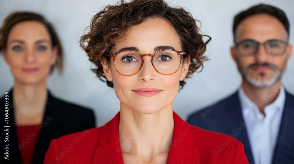 Confident Leadership: A woman with curly hair and glasses stands confidently in the center of a group of colleagues, exuding leadership and determination. Their faces are a mix of calm and focused. Confident Leadership: A woman with curly hair and glasses stands confidently in the center of a group of colleagues, exuding leadership and determination. Their faces are a mix of calm and focused.