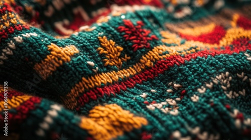 Close-up of festive knitted textures showcasing intricate Christmas sweater patterns