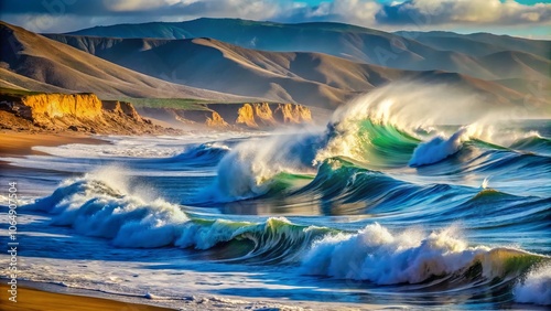 Majestic Pacific Ocean Waves Crashing on Jalama Beach Shore with Spectacular Spindrift Spray Captured in Dramatic Portrait Photography photo