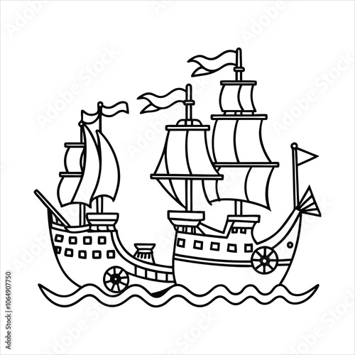 A pirate ship line art vector illustration on white background.