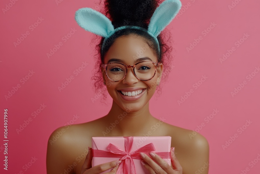A woman wearing bunny ears holds a pink present, great for Easter or spring-themed projects A woman wearing bunny ears holds a pink present, great for Easter or spring-themed projects