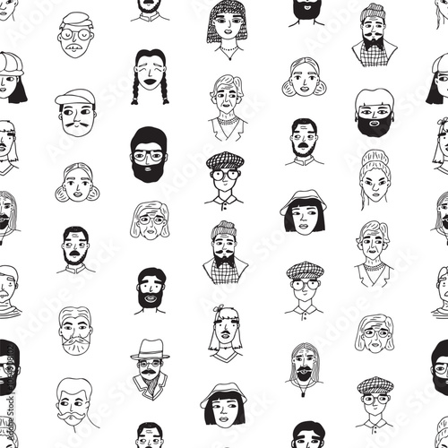 People hand drawn black white seamless pattern. Vector trendy endless illustration of faces groups or portraits drawing on white background