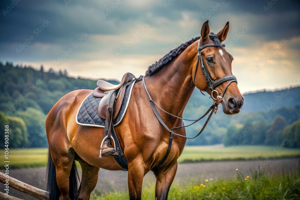 Minimalist Hunter Jumper Horse with English Saddle in Serene Landscape, Capturing Equine Elegance and Performance in a Tranquil Setting for Stunning Visual Impact Minimalist Hunter Jumper Horse with English Saddle in Serene Landscape, Capturing Equine Elegance and Performance in a Tranquil Setting for Stunning Visual Impact