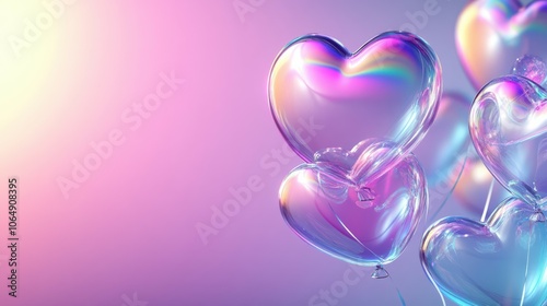 St Valentine Day 3d background with flying glass transparent heart frames and color light rainbow neon holographic gradient. Crystal balloon love symbol render banner with copy space. photo