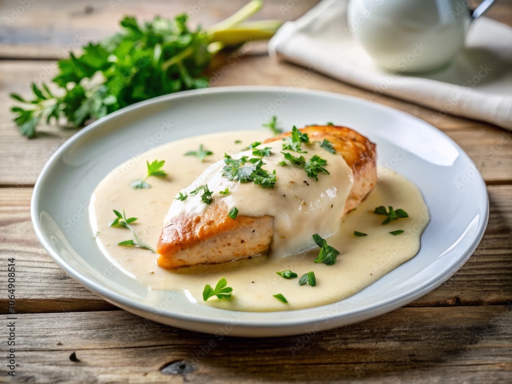 Minimalist Image of a Plate Featuring Baked Chicken Fillet in Creamy Herb Sauce, Perfect for Food Blogs and Cookbooks, Showcasing Culinary Elegance and Simplicity Minimalist Image of a Plate Featuring Baked Chicken Fillet in Creamy Herb Sauce, Perfect for Food Blogs and Cookbooks, Showcasing Culinary Elegance and Simplicity