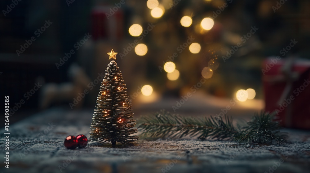 Out-of-focus Christmas tree lights create a beautiful bokeh effect in a cozy holiday setting