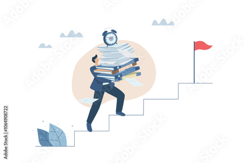 Businessman carrying a lot of documents walks up the stairs to his destination, Busy business concept, Racing against the clock, Time management and work efficiency, vector design illustration.
