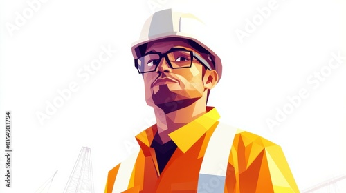 Construction Engineer Man Wearing a Yellow Uniform, Glasses, and White Safety Helmet. Architect in Hard Hat. Isolated Polygonal Vector Illustration on White Background. Modern Geometrical Style.