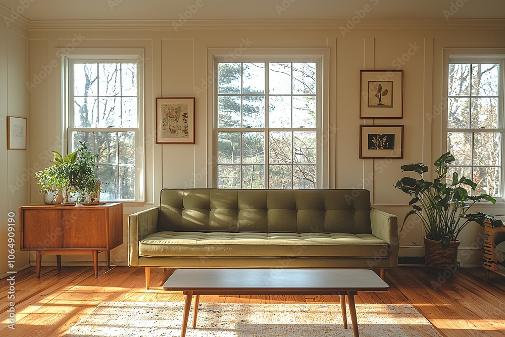 Fototapeta premium A mid century modern interior in a well-lit living room with sofa and table views. Generative AI 