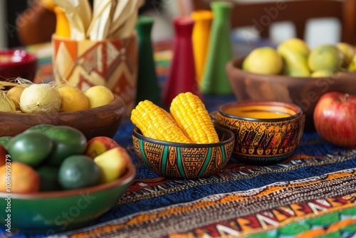 Kwanzaa Table Spread: A close-up of a beautifully arranged Kwanzaa table, featuring a kinara, bowls of fresh fruits, a unity cup, and vibrant fabric patterns. The tablecloth is adorned with African pr photo