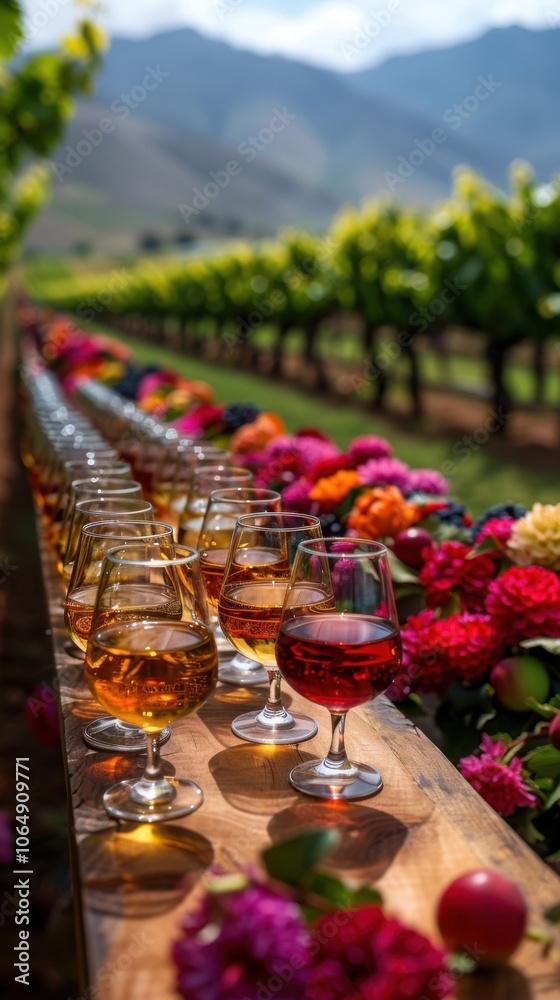Several glasses of wine are lined up on a table, wine tasting Several glasses of wine are lined up on a table, wine tasting