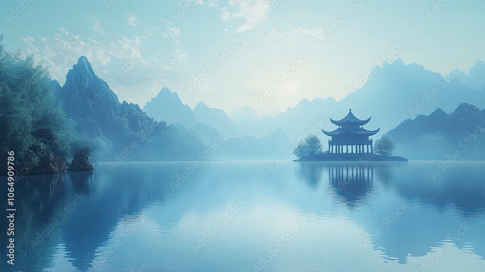 Fototapeta premium Traditional Chinese Architecture, Zen , a blue abstractmountainandscape with mountain views in water, in thestyle of traditionachinese landscape, with generative ai