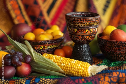 Kwanzaa Table Spread: A close-up of a beautifully arranged Kwanzaa table, featuring a kinara, bowls of fresh fruits, a unity cup, and vibrant fabric patterns. The tablecloth is adorned with African pr photo