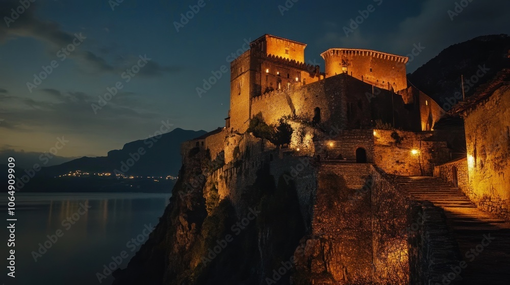A illuminated medieval castle on a cliff by a tranquil lake at dusk. A illuminated medieval castle on a cliff by a tranquil lake at dusk.