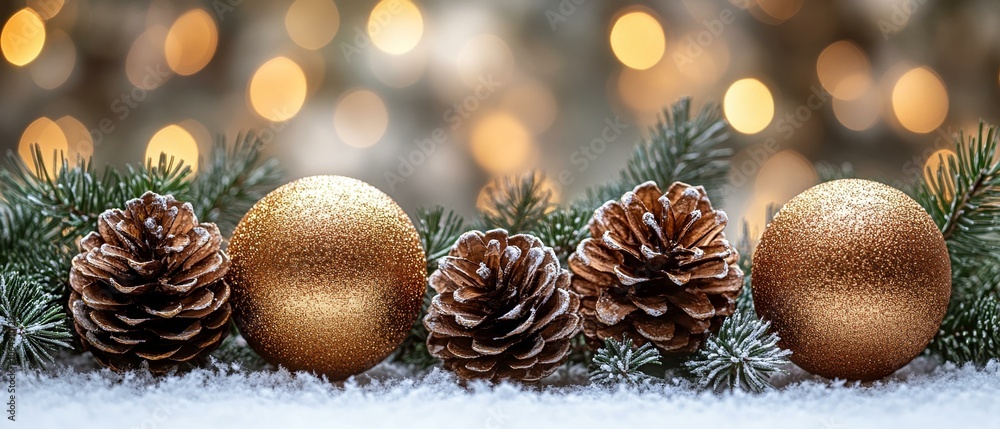 Festive Christmas Decoration with Golden Ornaments and Greenery Festive Christmas Decoration with Golden Ornaments and Greenery