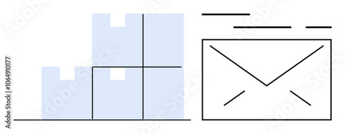 Stack of three boxes next to an envelope with lines suggesting motion. Ideal for logistics, e-commerce, package delivery, mail services, inventory management, and communication. Banner for landing