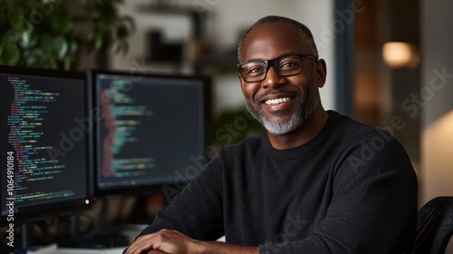 Photorealistic Portrait of a Smiling African-American Male Web Developer, Age 45-55, in a Tech Startup Space with Soft Rim Lighting - Commercial Photography Style, 8K Quality.