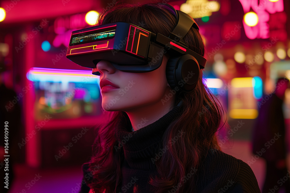 A woman in a futuristic headset stands in a neon-lit urban setting.. A woman in a futuristic headset stands in a neon-lit urban setting..