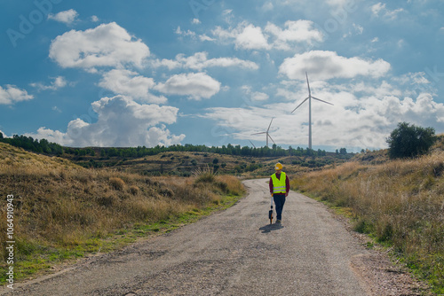 Surveyor measuring road distance with odometer near wind turbines