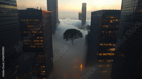 Wallpaper Mural A lone tree stands in fog between towering skyscrapers.. Torontodigital.ca