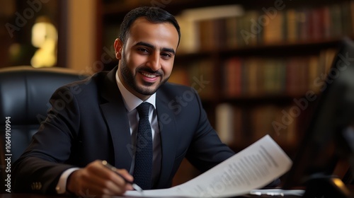 Smiling Middle Eastern legal advisor reviewing a contract in a law office: Professional photorealistic headshot with soft rim lighting, capturing a serious yet approachable expression. photo