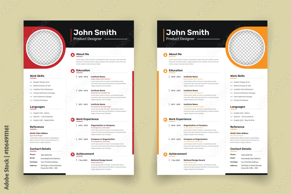 Professional creative business resume or CV template design with two ...
