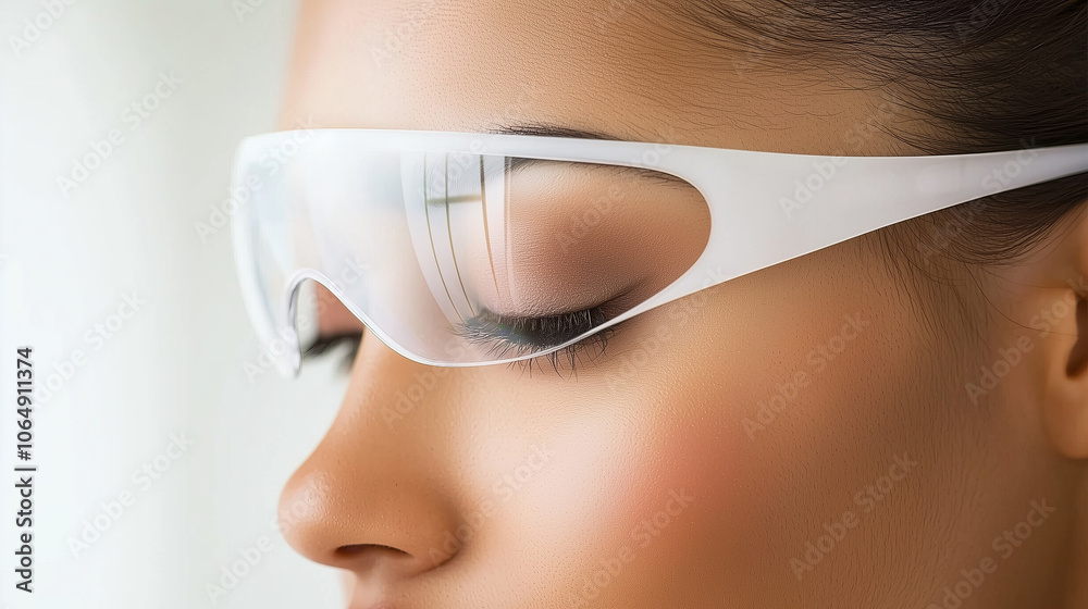 Woman with closed eyes wearing futuristic white glasses.. Woman with closed eyes wearing futuristic white glasses..