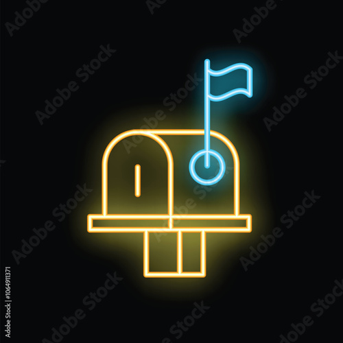 Yellow neon mailbox icon glowing on dark background