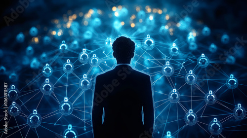 Silhouette of a person surrounded by a glowing digital network