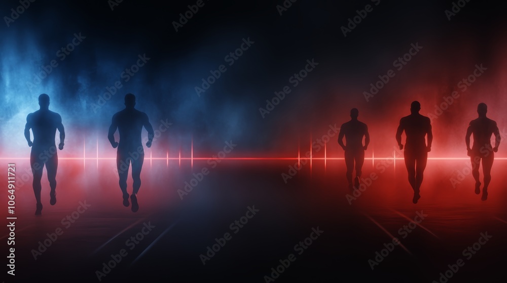 Fototapeta premium Dynamic silhouettes, runners in motion through the darkness, embracing the power of movement and determination
