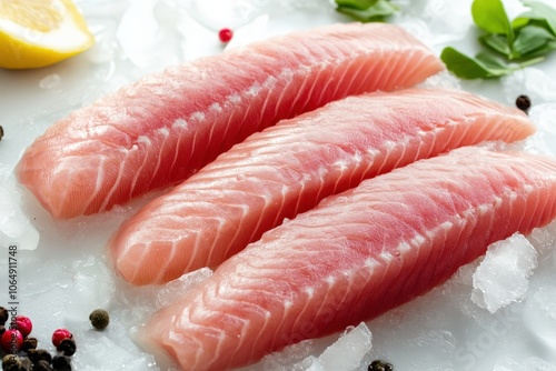 Ocean Perch Fillets. Fresh Red Fish Fillet with Skin, Uncooked Seafood photo