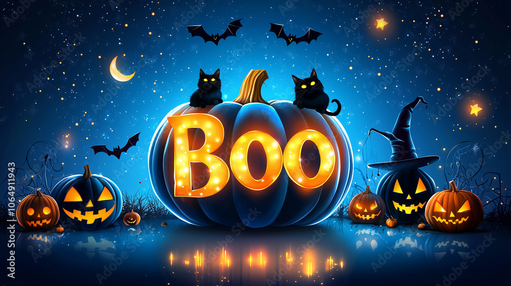 Fototapeta premium Boo! Lit pumpkins and black cats against a starry night.