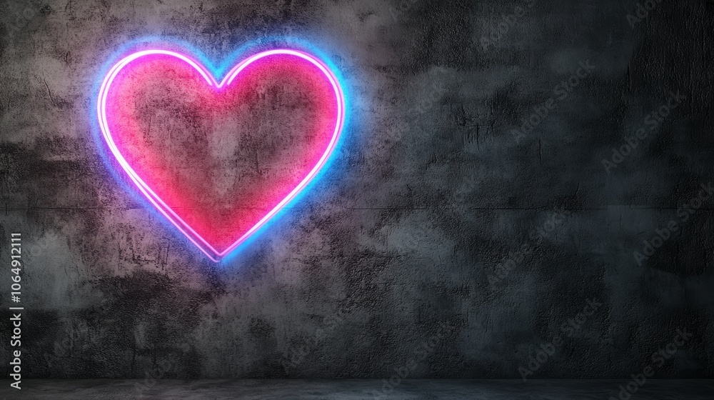 Neon heart, a vibrant glowing symbol of love and romance illuminating textured wall, perfect for valentine's day romantic settings. Neon heart, a vibrant glowing symbol of love and romance illuminating textured wall, perfect for valentine's day romantic settings.